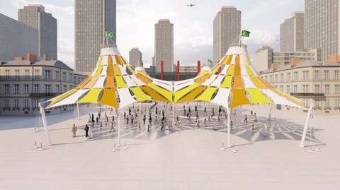 Design render of a striped yellow and white tensile pavilion in a city square