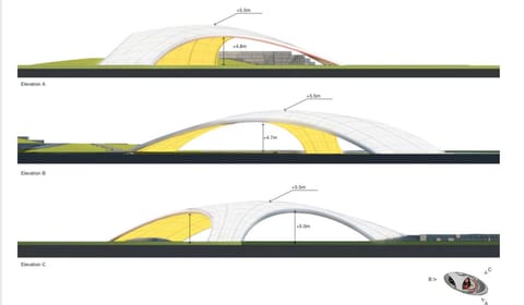 Elevation drawings of an arched tensile canopy with dimensions