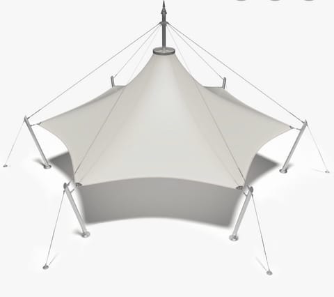 Render of a white multi-peak tensile structure with guy cables