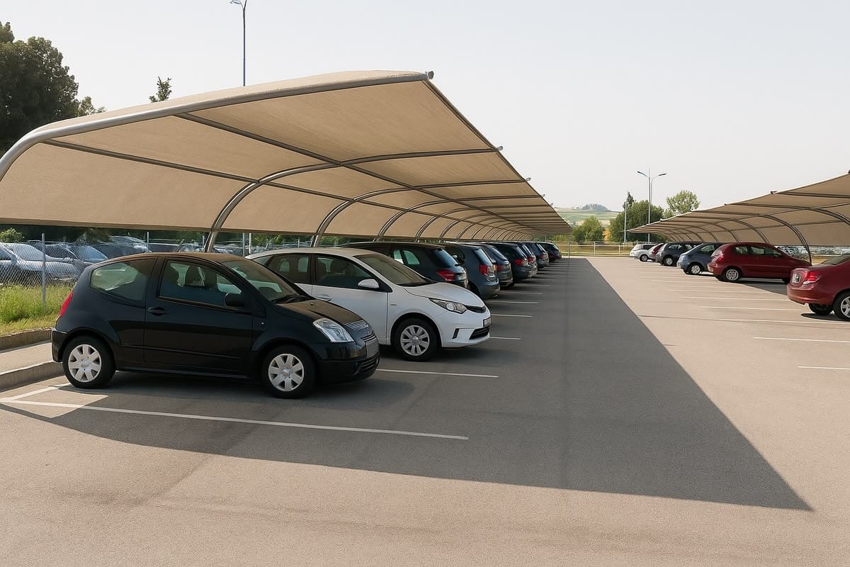 Rows of cantilever car parking shades with tensioned sand-coloured membranes covering marked parking bays in an open commercial car park