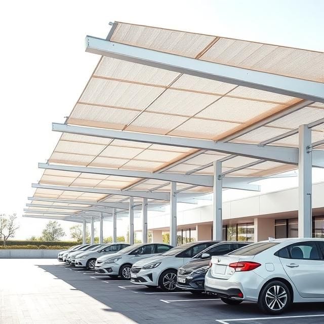 A light steel car parking canopy with layered woven shade panels stepping down over a row of parked cars beside a modern office building